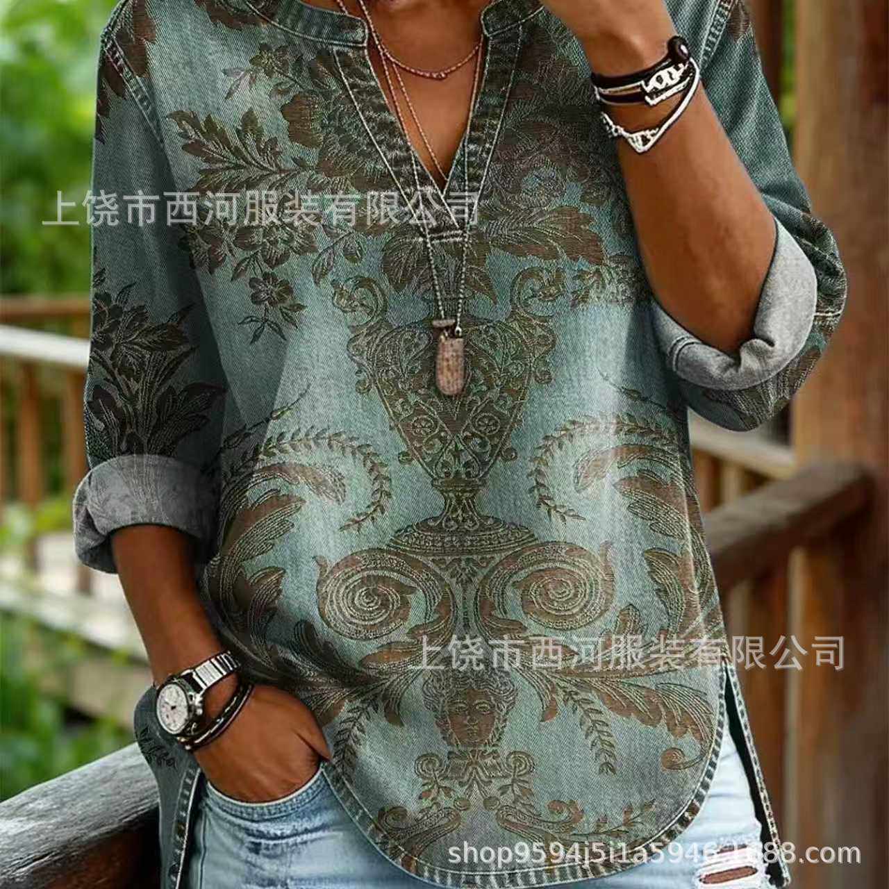 新款跨境独立站2026春季女装花卉印花V领休闲女装衬衫上衣复古