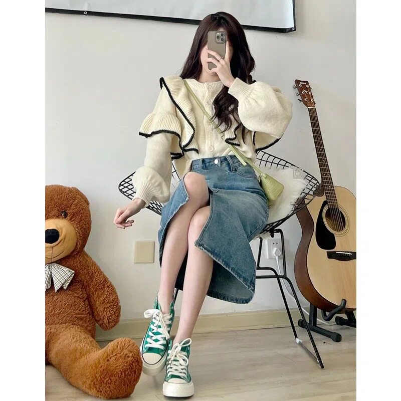 High Waisted A Line Denim Skirt Vintage Korean Style Split Design Loose Fit Spring Fashion for Students Wholesale