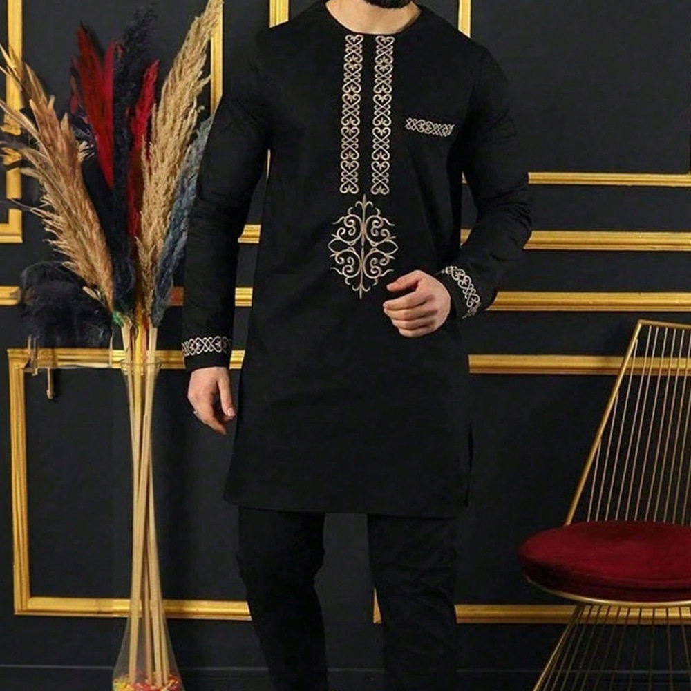 2023非洲民族风男士休闲套装2件套长袖纯色拼接衬衫和裤子套装