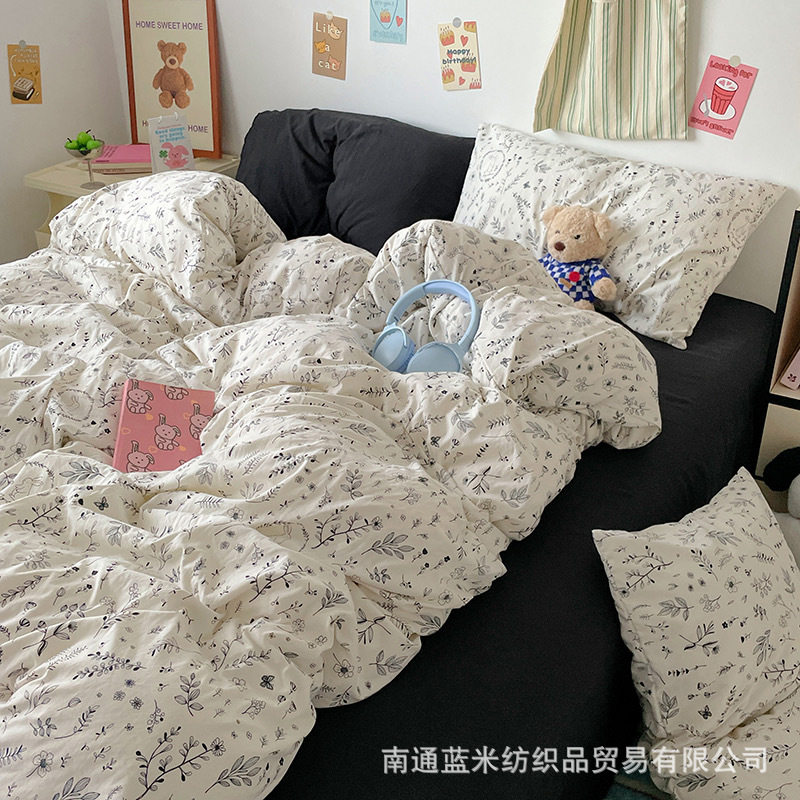Floral Bear Nantong Home Textiles Foreign Trade E-Commerce Household Four-Piece Set Washed and Brushed Craft Dormitory Three-Piece Set Cross-Border