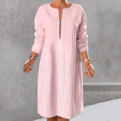 Casual Long Sleeve Sweater Dress Solid Color Zipper Detail Comfortable Fit Winter Fashion for Women OEM Available