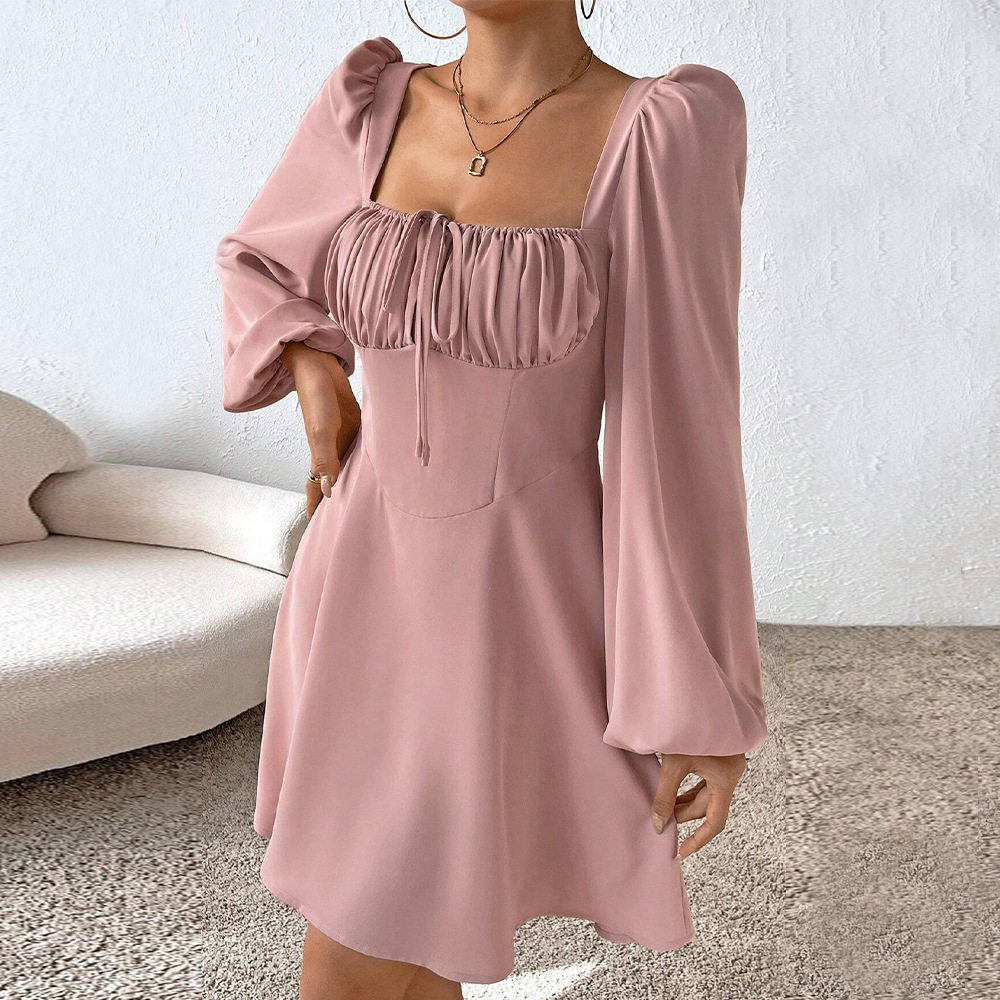 A Line Dress Waist Defined Puff Sleeves Square Neck Sweet Style for Autumn and Winter Wholesale Available