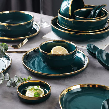 Nordic Light Luxury Ceramic Tableware Emerald Phnom Penh Rice Noodle Soup Bowl and Plate suit Combination Net Celebrity ins Wholesale Factory