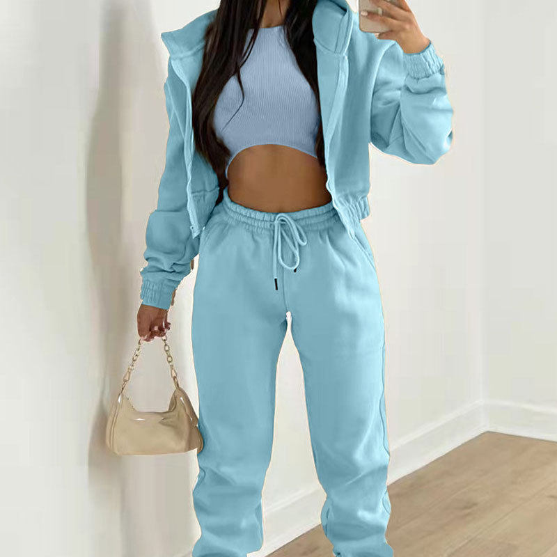 Womens Casual Sports Hoodie and Long Pants Set Solid Color Spring Collection Comfortable Fit Wholesale Available