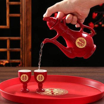 Wedding Toast Cup, Wedding Banquet Ceramic Wine Jug, Chinese Wedding Cup and Wine Divider, Festive Set, Chinese Red Wine Set