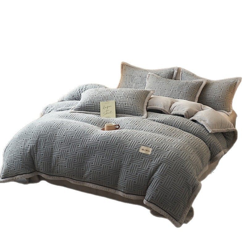 Thickened Autumn and Winter Accessible Luxury Taffeta Milk Velvet Bed Four-Piece Set Double-Sided Velvet Coral Velvet Quilt Cover Bed Sheets Quilt Cover Bed Bed Sheets