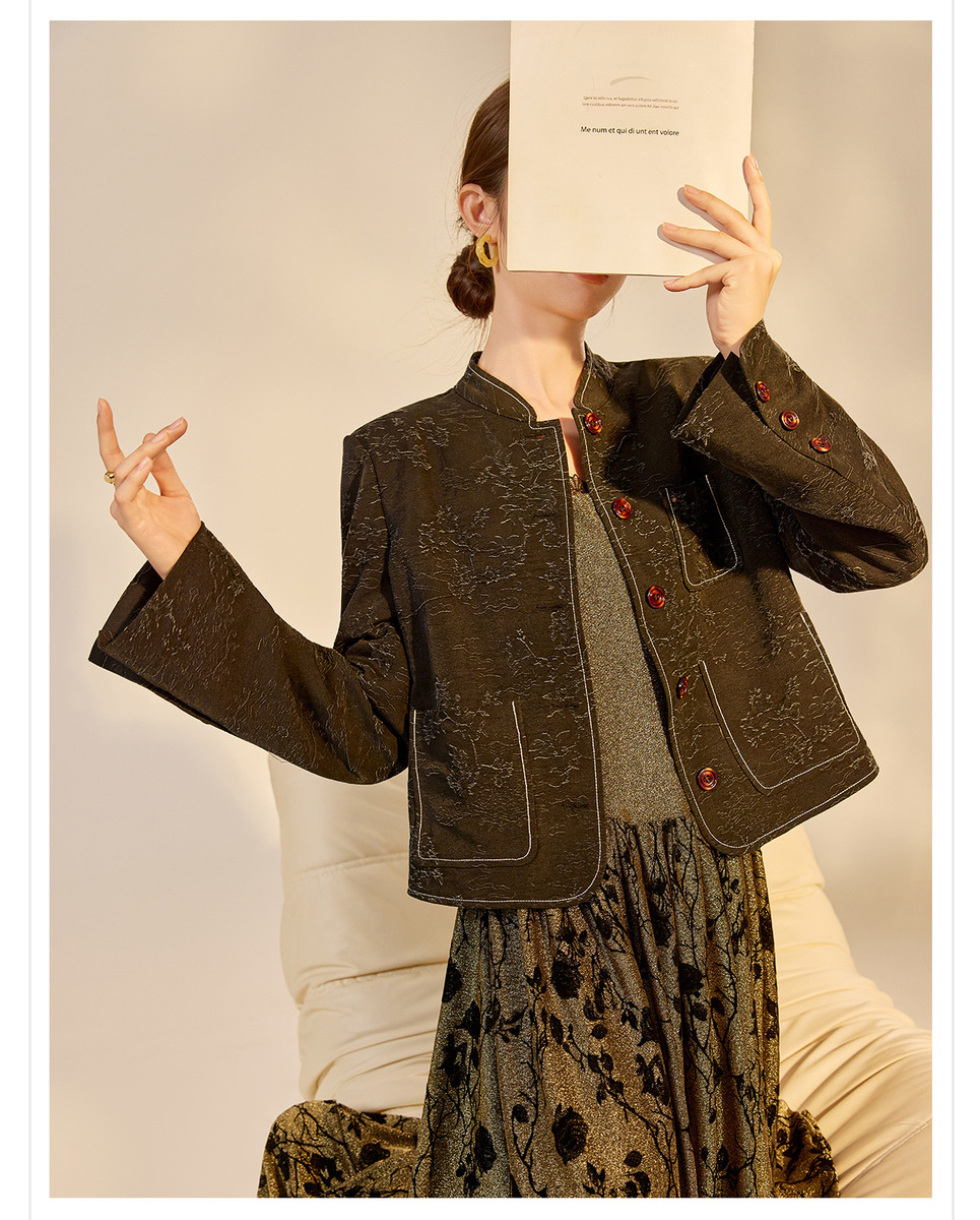 Áo khoác ngắn dệt jacquard họa tiết hoa cổ tròn tay dài phong cách retro — Lan Dạ Hắc (giao hàng 7 ngày)