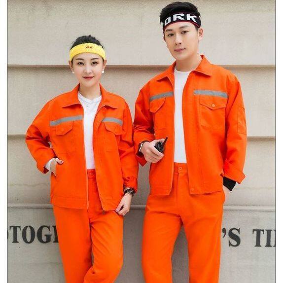 ชุดเอี๊ยมแถบสะท้อนแสง เสื้อแจ็กเก็ตและกางเกงสำหรับผู้ชาย ใส่ได้ทั้งฤดูใบไม้ผลิและฤดูใบไม้ร่วง ชุดป้องกันแรงงานสำหรับงานสุขาภิบาล อาคาร ซ่อมรถยนต์ และโรงงาน