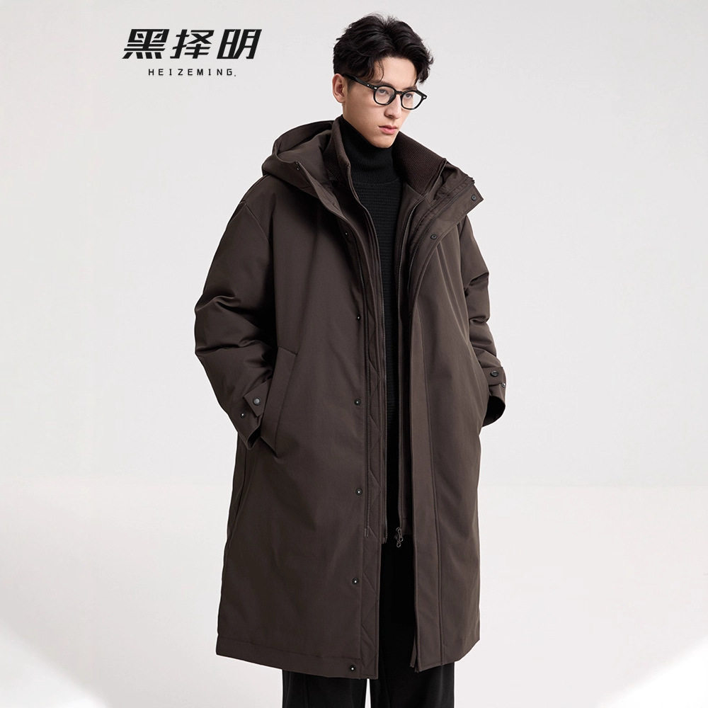 90 down Men's Windbreaker Style down Jacket 25 Winter New Warm Mid-Length Hooded Fake Two-Piece Jacket