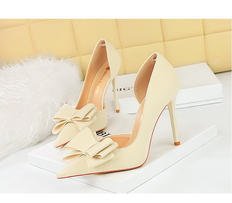 Giày cao gót nữ mũi nhọn gót siêu cao 10.5cm mặt lụa satin thắt nơ hở hông — Màu đen, Màu đỏ hoa hồng, Màu đỏ rượu, Màu hồng