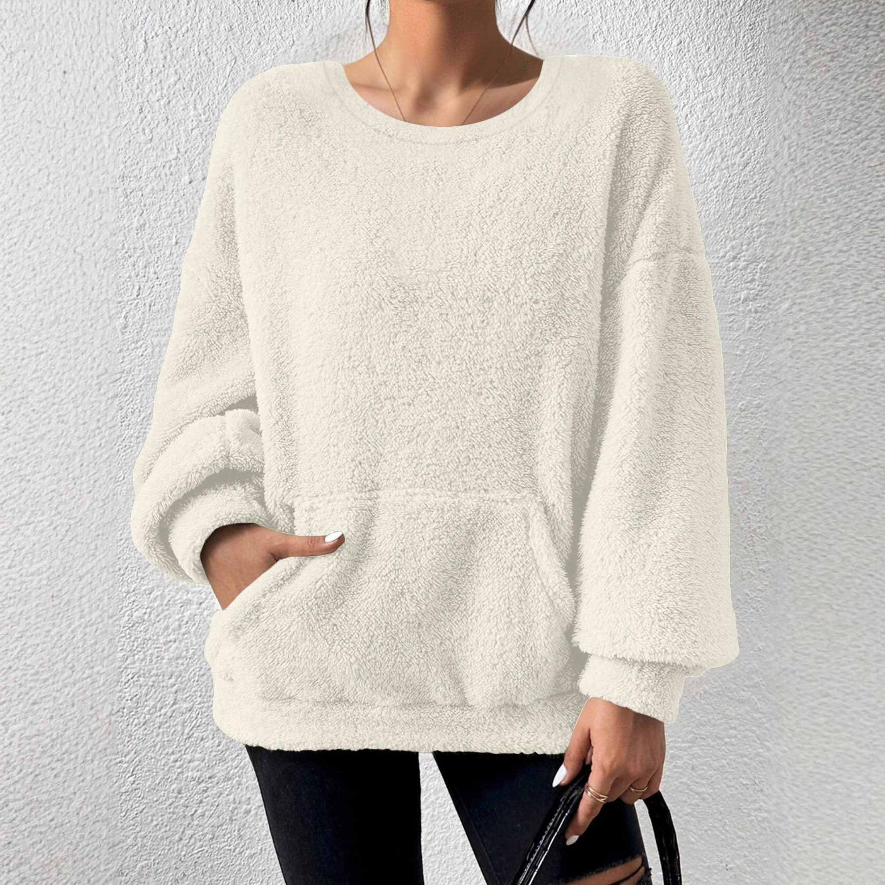 Casual Sweatshirt Solid Color Round Neck Long Sleeve Pocket Design Autumn Winter Fashion Wholesale Available