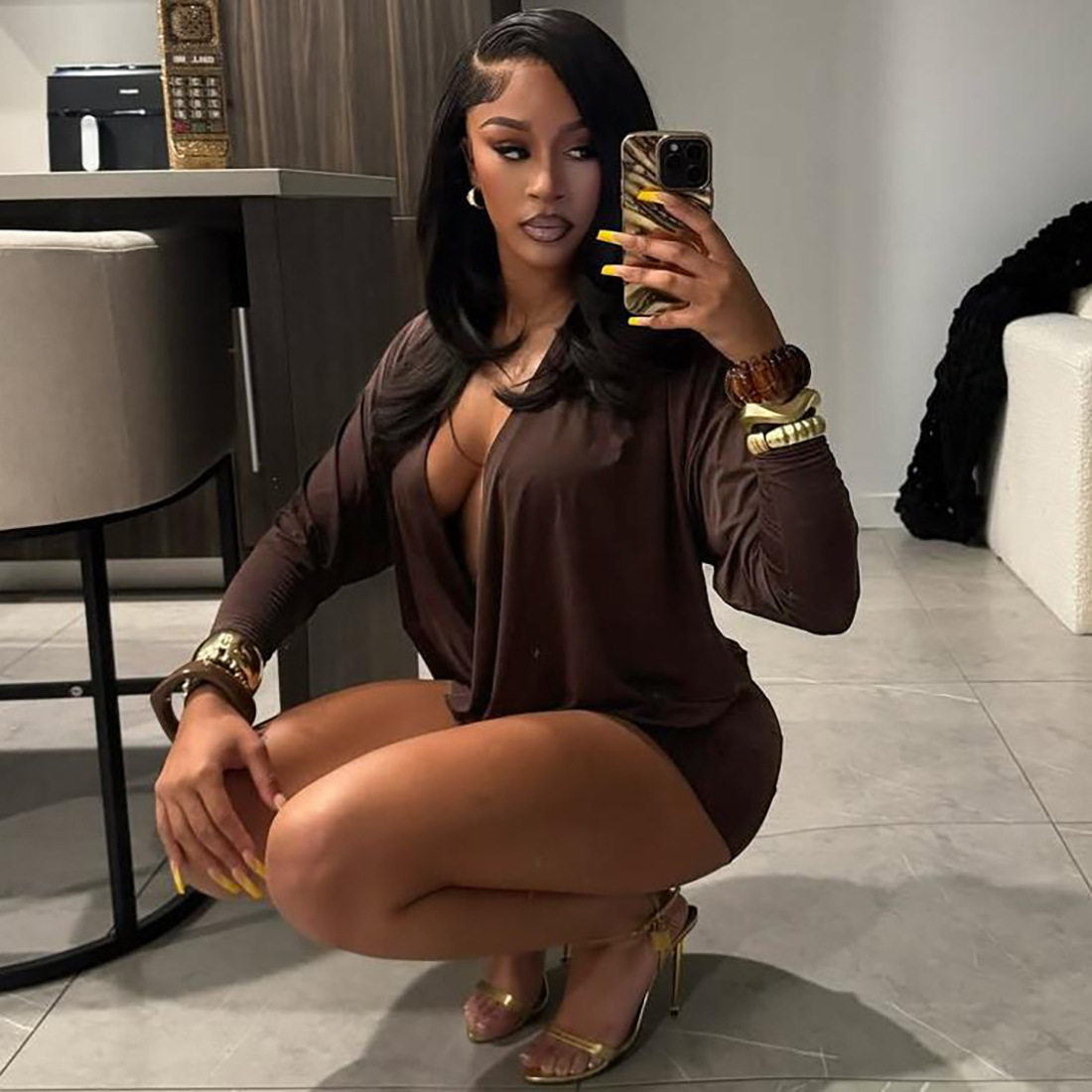 Sexy Bodycon Dress Deep V Neck Long Sleeve Versatile Style Autumn Fashion for Parties Wholesale Available