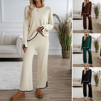 Diyun Cross-Border Women's Clothing Suit Amazon 2025 Export Elegant Casual Pure Color Knitted Long-Sleeved Sweater Pants Suit