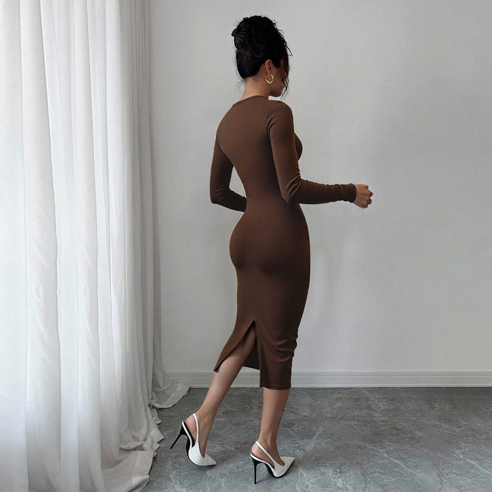 Brown V Neck Midi Dress for Women Twist Front Design Slim Fit Three Quarter Sleeves Spring and Autumn Office Wear