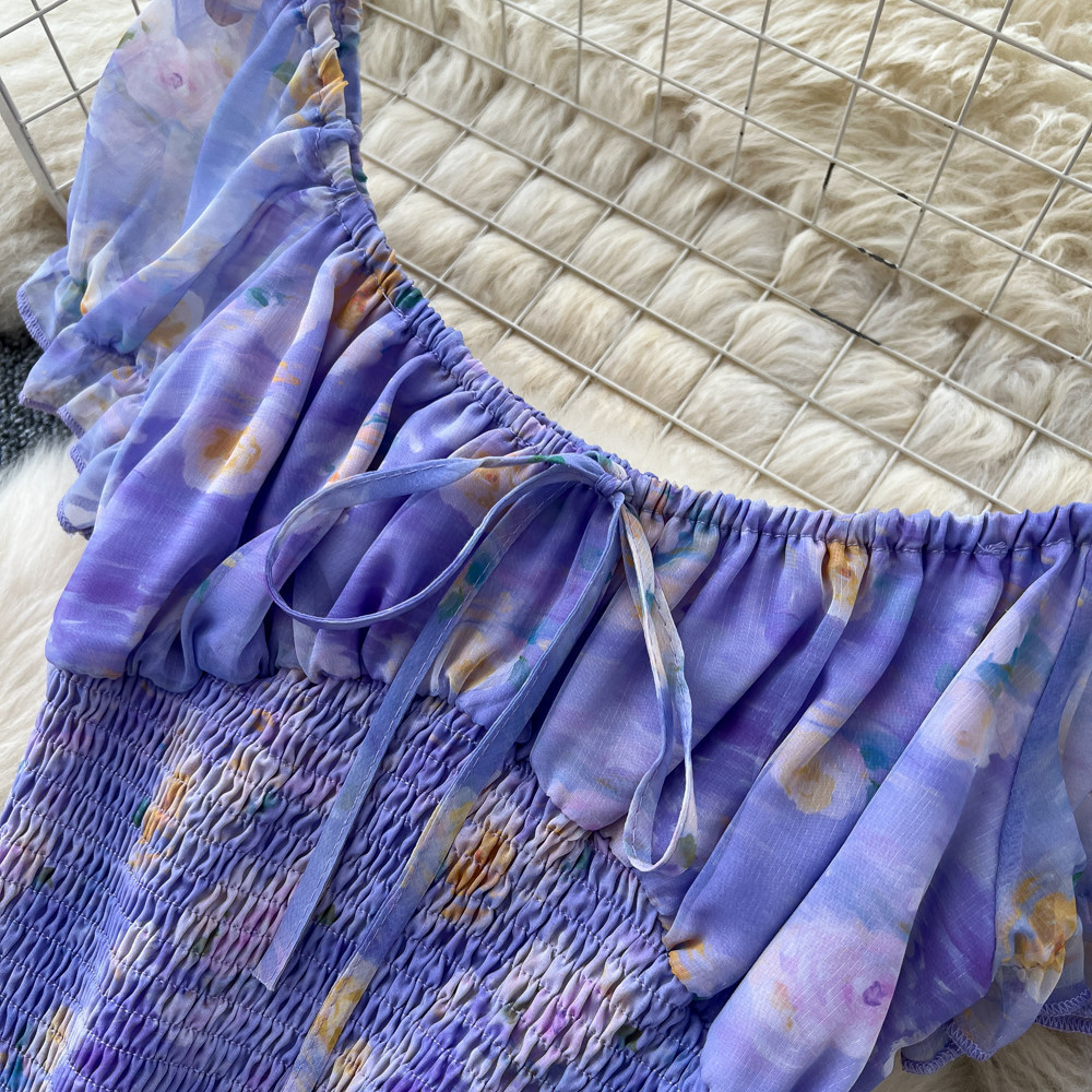 French Floral Two Piece Set Soft Fabric Waist Tie Top Mesh Cake Skirt Summer Casual Wear Wholesale Available