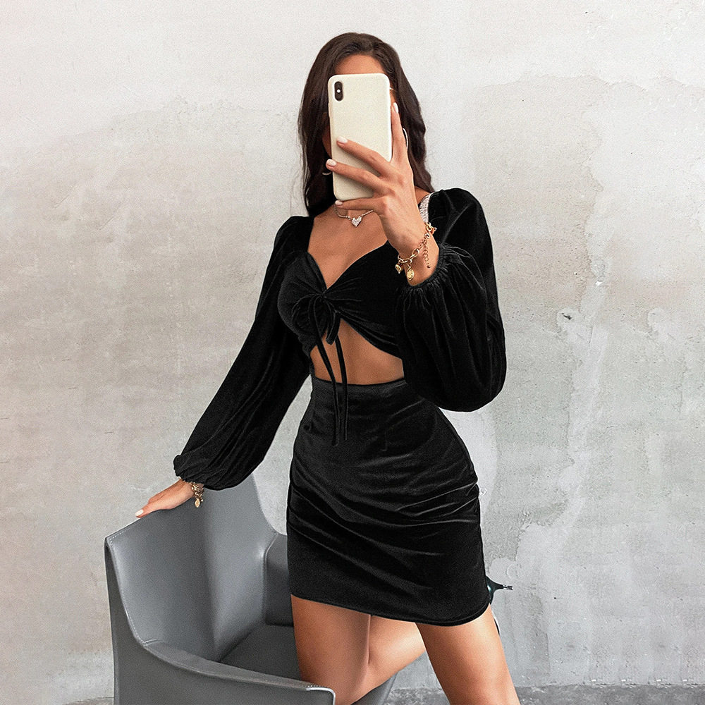 Velvet Bodycon Dress Sexy Hollow Out Design Lace Up Detail Short Length Evening Party Wear Wholesale Available