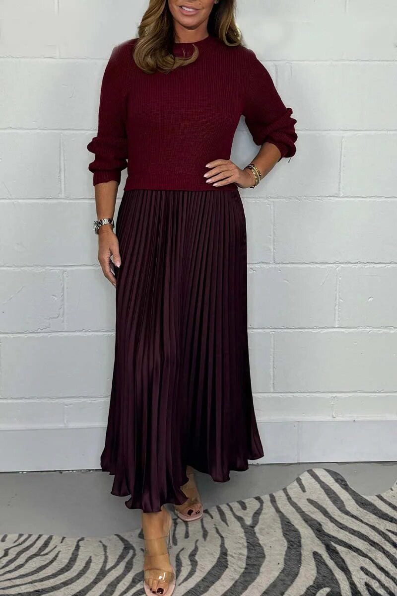 Knitted Long Sleeve Color Block Dress Solid Color Pleated Design Stylish for Fall Winter Wholesale Available