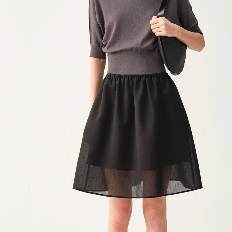 Chân váy nữ cạp cao chun co giãn phối voan organza dáng chữ A midi tôn dáng — màu đen, Xám bạc