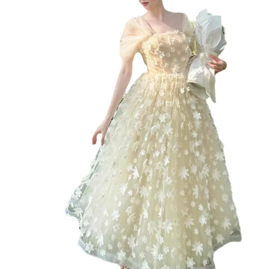 Đầm maxi nữ thắt eo họa tiết hoa nổi 3D tay ngắn cổ vuông — Trường An