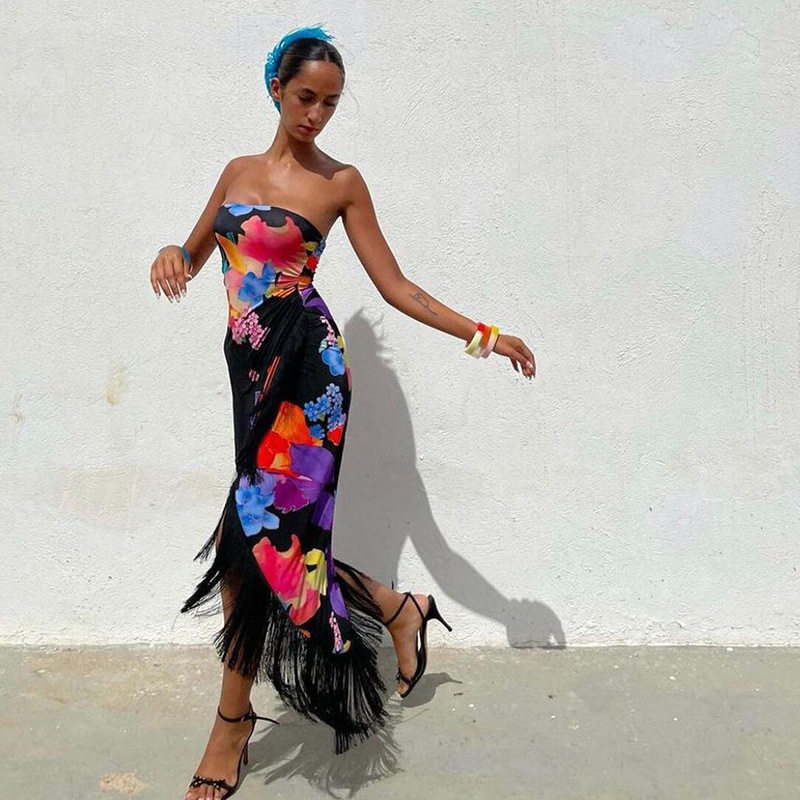 Summer Womens Strapless Dress Floral Print Fringe Hem Mid Length Beach Vacation Style Wholesale Available