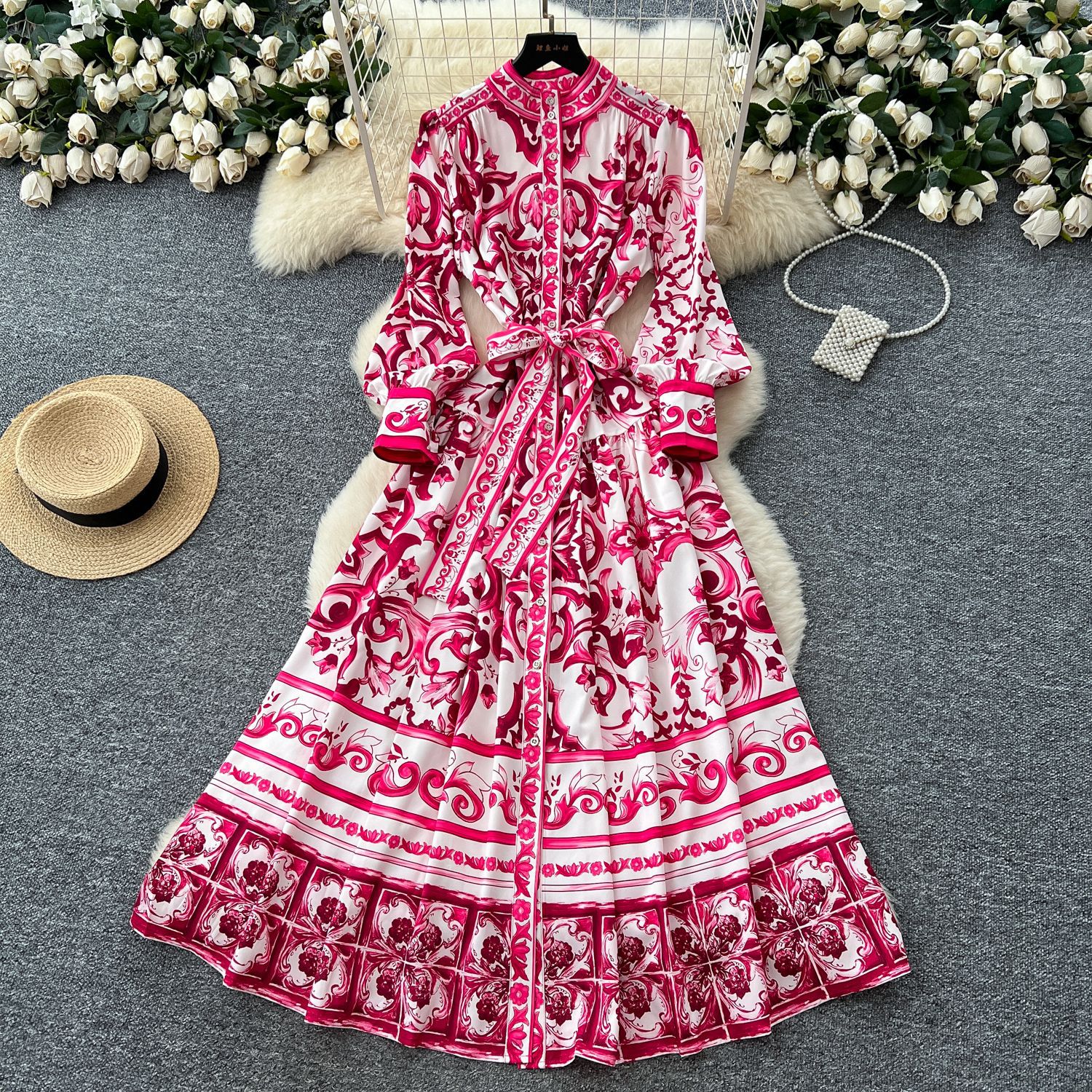 Vintage Floral Maxi Dress for Women Lantern Sleeves Stand Collar Button Closure Waist Tie Elegant Summer Style