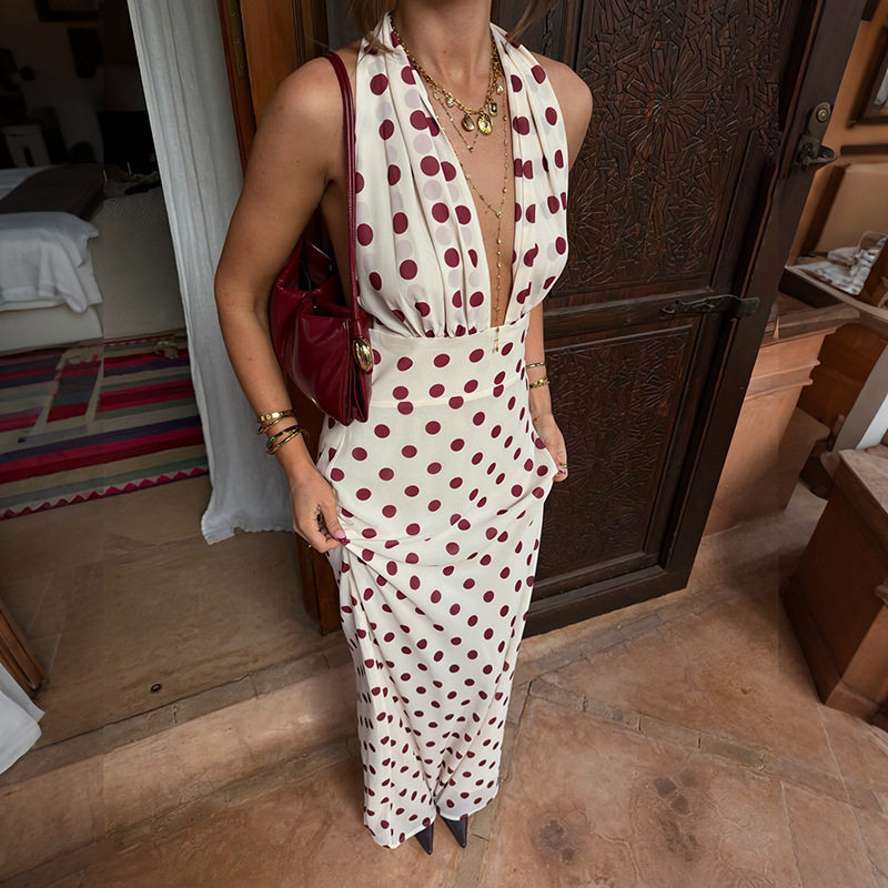 Summer Womens Dress Fashionable Polka Dot Print Sexy Halter Neck Backless Bodycon Maxi Perfect for Parties
