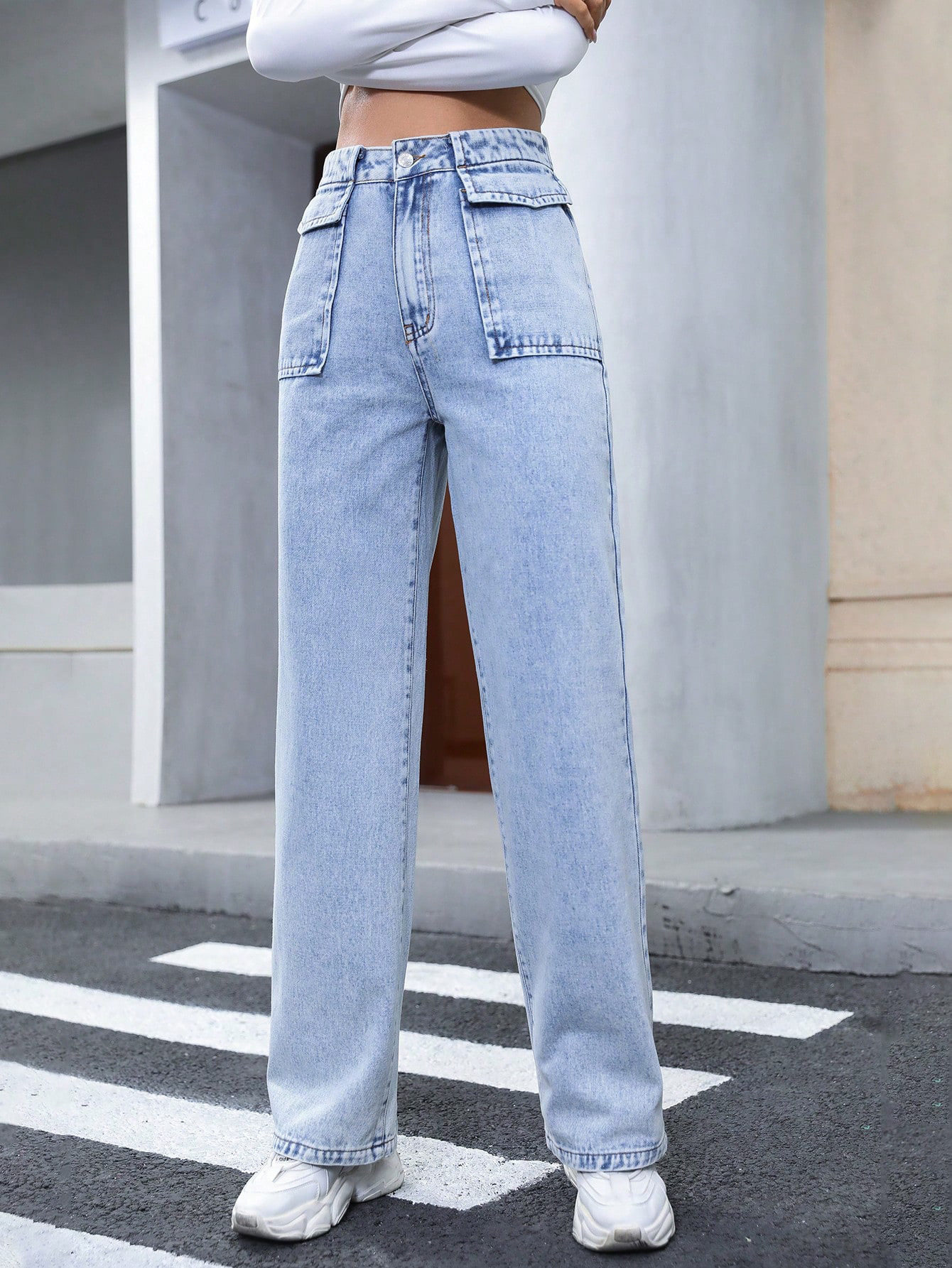 High Waisted Straight Leg Denim Pants Pocket Design Casual Style Womens Fashion Wholesale Available