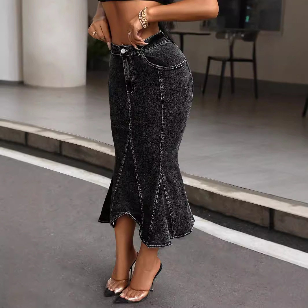Irregular Hem Bodycon Denim Skirt Womens Fishtail Design Stretch Fabric Casual Chic Wholesale Available
