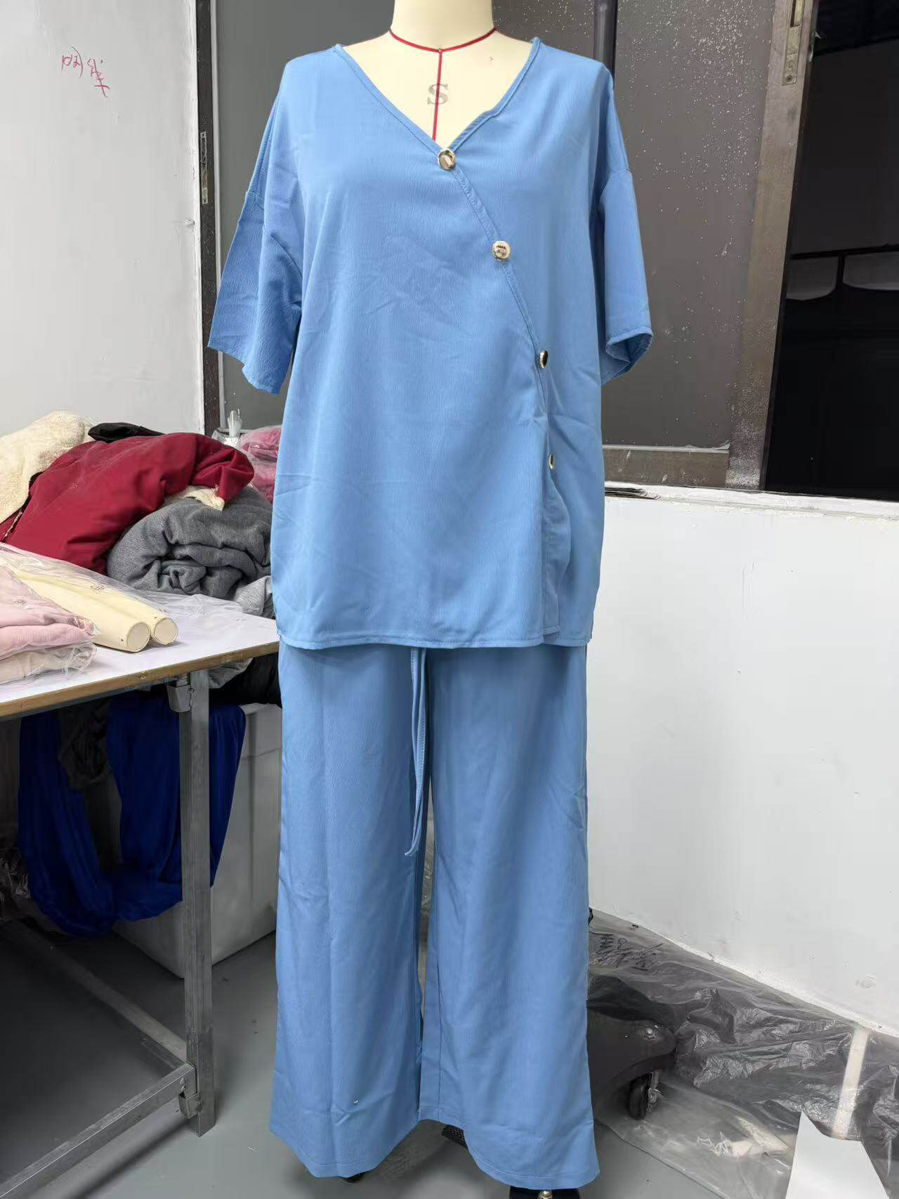 2026欧美跨境女装时尚休闲纯色V领宽松短袖上衣抽绳长裤两件套装
