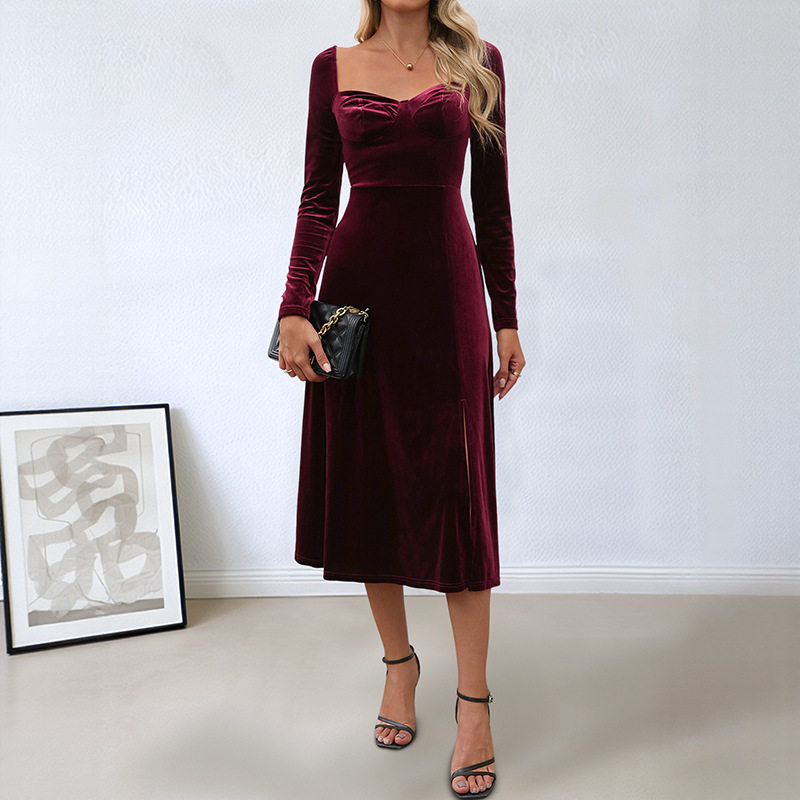 Vintage Style Velvet Evening Dress Solid Color Square Neck High Slit Perfect for Dates and Special Occasions