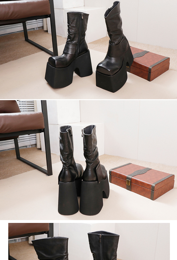 Boot nữ cổ trung gót cao đế dày da bò thật tôn dáng — Màu đen