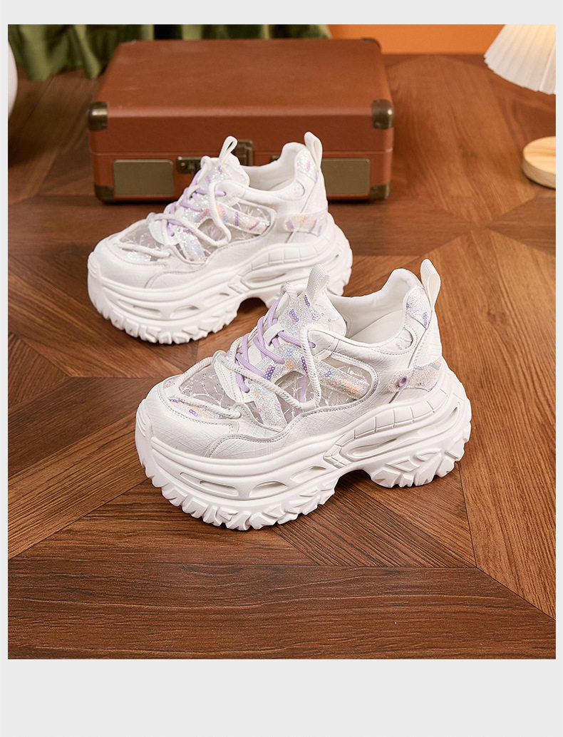 Giày sneaker nữ chunky đế dày phong cách thể thao, mũi tròn, dây buộc, đế cao siêu cao 8cm — Trắng Tím, Xám Xanh chi tiết 15