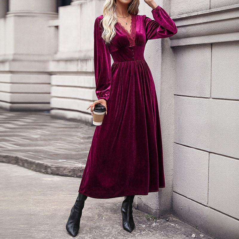 Velvet Long Sleeve Dress Solid Color Elegant Style Autumn Winter Wear Wholesale Available bulk order