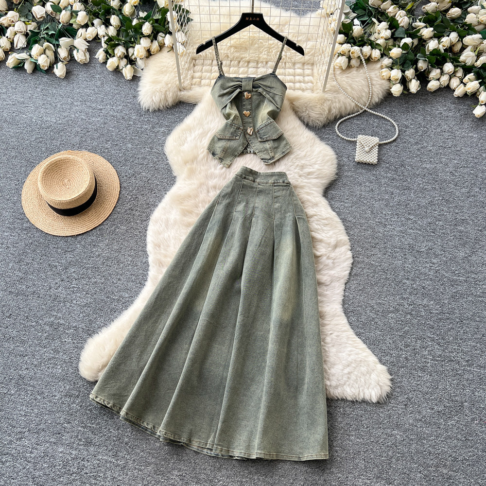 Summer Womens Denim Set Sleeveless Top High Waisted Skirt Casual Chic Style Wholesale Available
