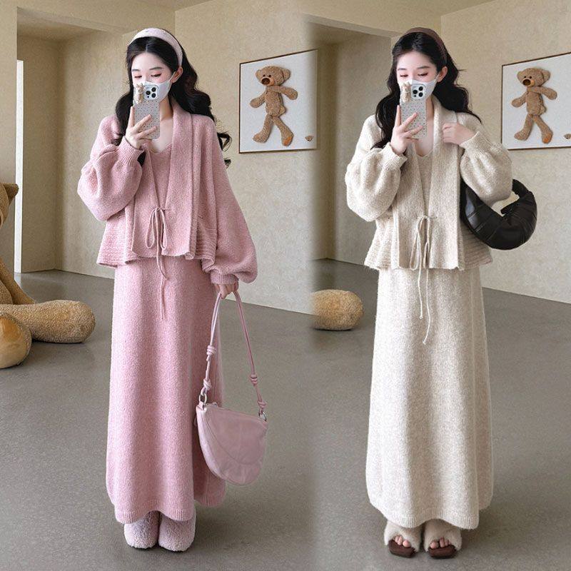 Maternity Suit Autumn and Winter Fashion Suit Trendy Mom Style Knitted Suspender Jacket Dress Maternity Two-Piece Suit