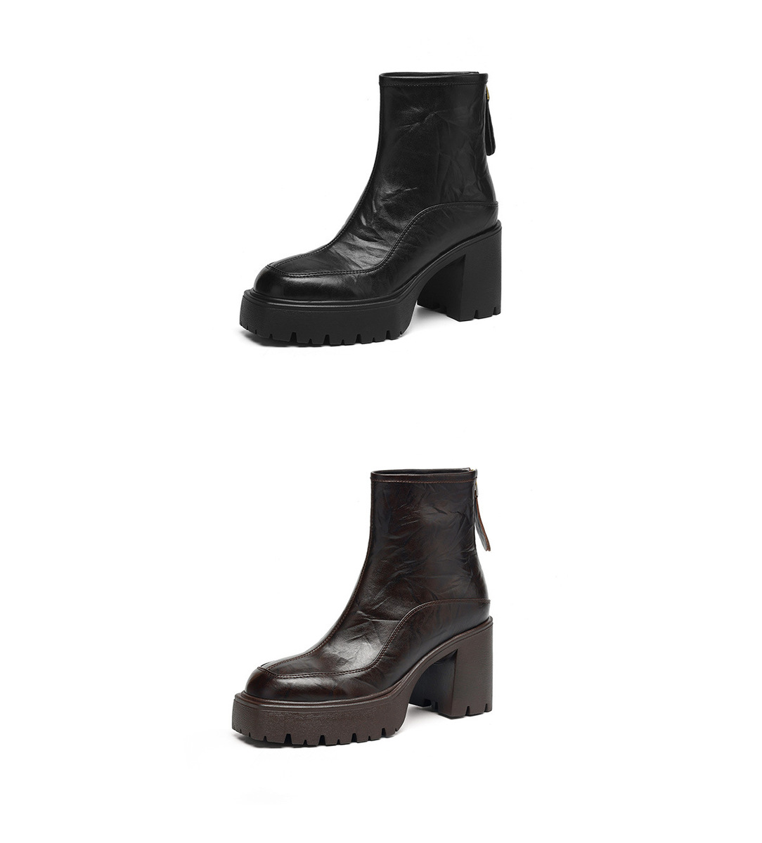 Boot nữ da bò mũi vuông gót thô 8cm đế cao su chống trượt — Lớp lót đơn màu đen, Lớp lót đơn màu nâu, Lót nhung đen, Lót nhung màu nâu