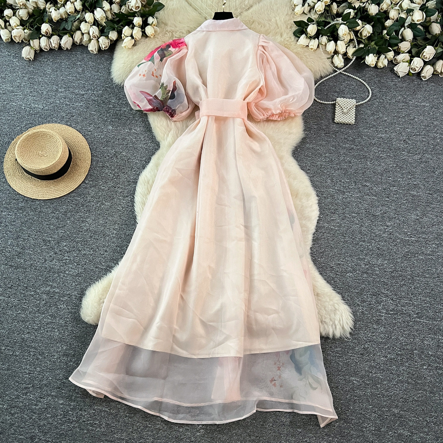 French Elegant Summer Dress Corset Tie Waist 3D Floral Design Lantern Sleeves Printed Tulle Perfect for Parties and