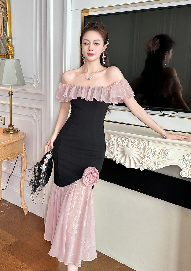 Đầm maxi nữ cổ vuông ôm eo phối ren đuôi cá — [Đen] chi tiết 8