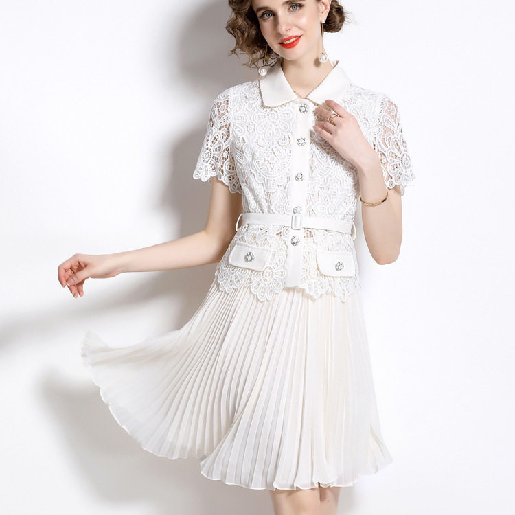 French Style Short Sleeve Lace Top with Button Ruffled Fashion Skirt Set Summer Wear for Women Wholesale Available
