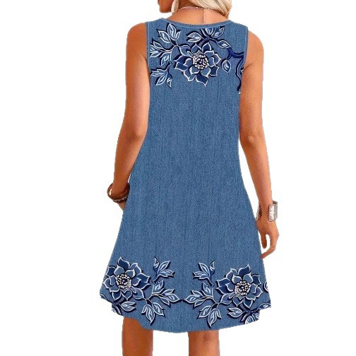 Summer Womens Denim Look Dress Floral Print Sleeveless Round Neck Casual Wear for Outdoor Events OEM Available