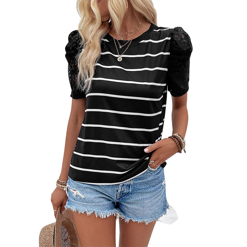 Retro Striped T Shirt Lace Puff Sleeves Summer Style Womens Fashion Wholesale Available ready to ship