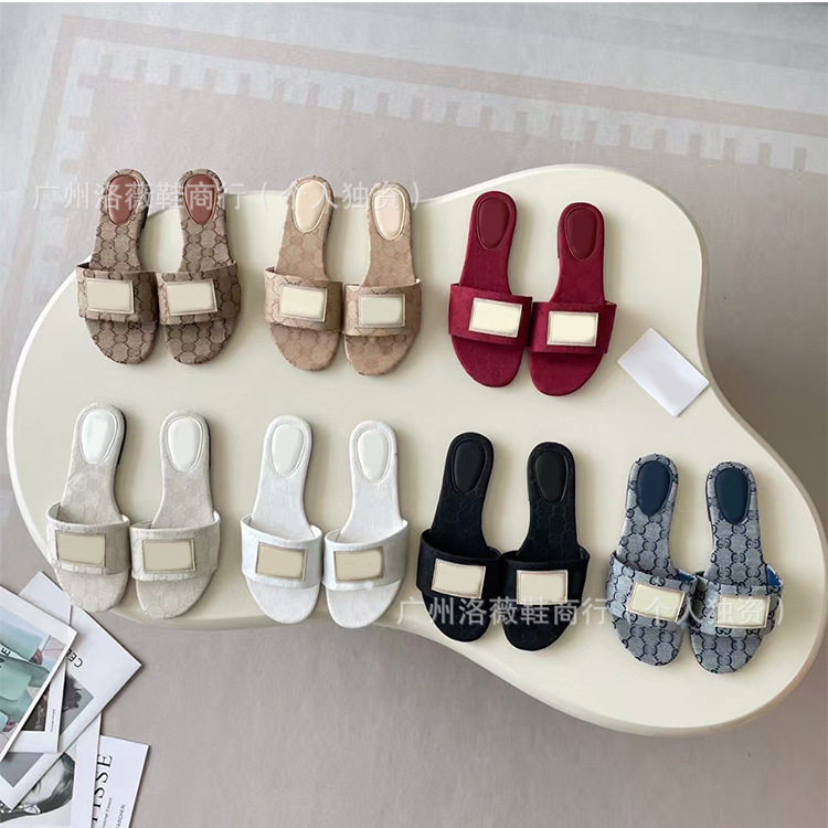 G's New Cloth Label Printed Letters Flats-Soled Slippers, Casual Outer Wear Beach Lightweight Slippers