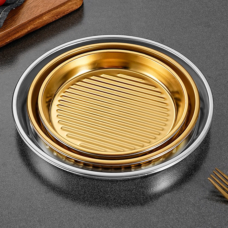 Double-Eared Stainless Steel Pizza Plate Korean Seafood Plate Single-Handle Round Baking Pan Snack Plate Fried Chicken Plate French Fries Plate Home