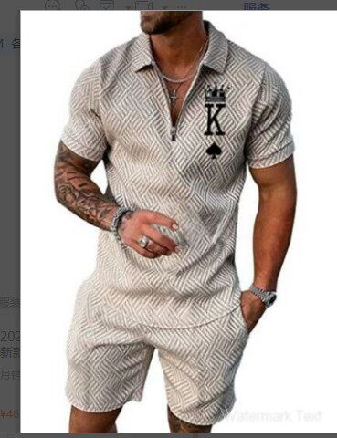 2022跨境欧美男装新款独立站货源休闲撞色POLO拉链翻领衫短袖套装