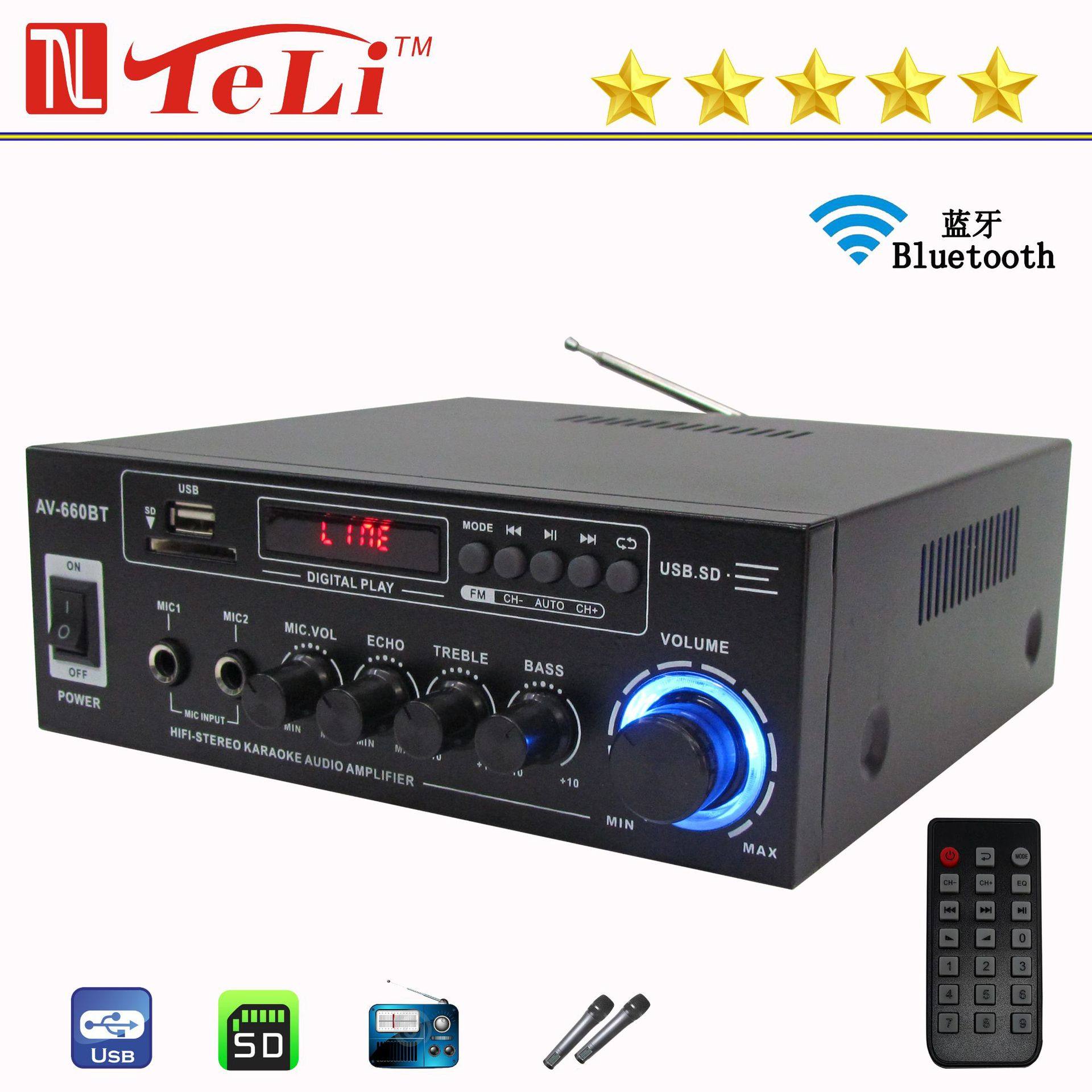 Cross-Border Export Av660Bt Microphone Bluetooth U Disk Radio 12V/220V Ac and Dc Car Home Amplifier