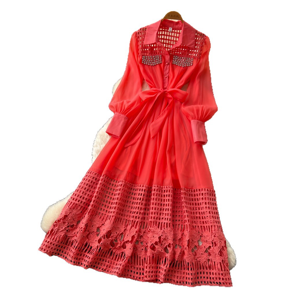 French Style Yellow Hollow Out Lace Up Dress Elegant A Line Silhouette Summer Fashion Office Wear Wholesale Available