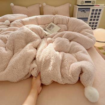 Thickened Cashmere Milk Velvet Bed Four-Piece Set, Winter Warm Coral Velvet Bed Bed Sheets, Quilt Cover, Three-Piece Fitted Bed Sheets Set