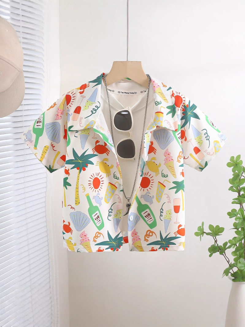 New Summer Children's Short-Sleeve Floral Shirt, Hot-Selling Boys' Stylish Casual Top, Beach Style Blouse