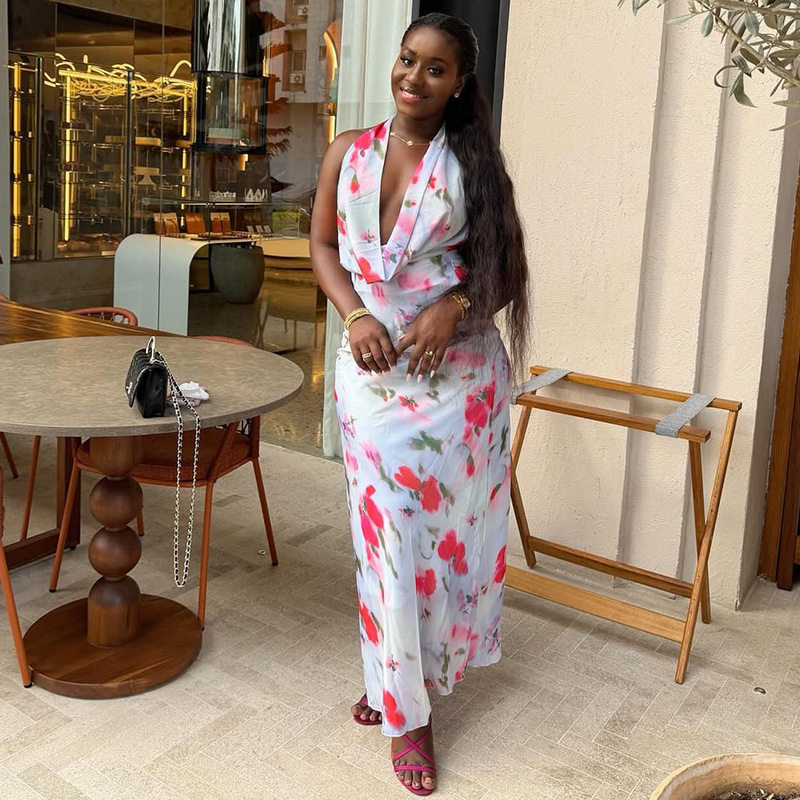 Casual Floral Print Maxi Dress Waist Defining Backless Elegant Style Perfect for Parties and Summer Events