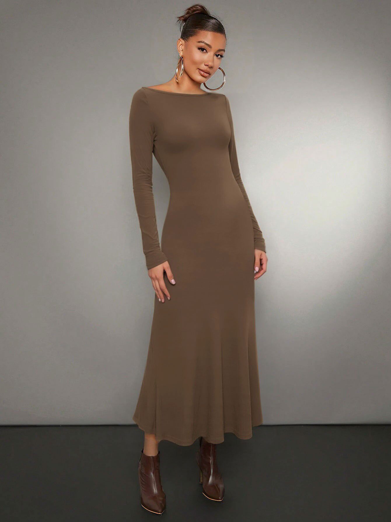 Solid Color Long Sleeve Bodycon Dress Mermaid Hem Off Shoulder Neckline Mid Length Perfect for Parties and Events
